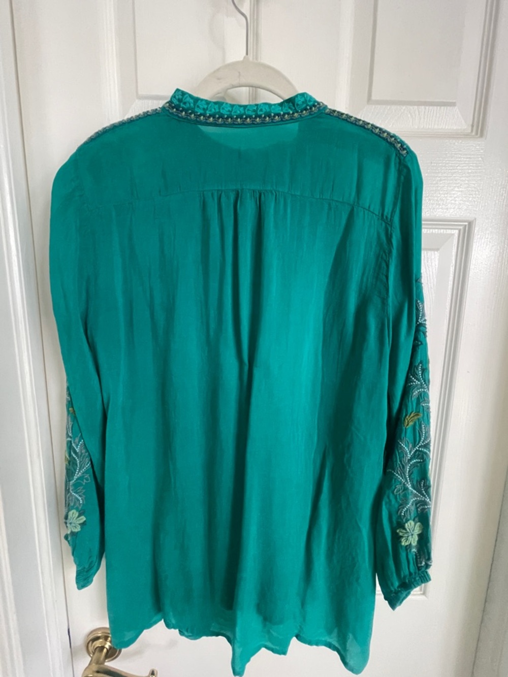 Johnny Was Teal Embroidered Button-Front Blouse - Picture 3 of 8